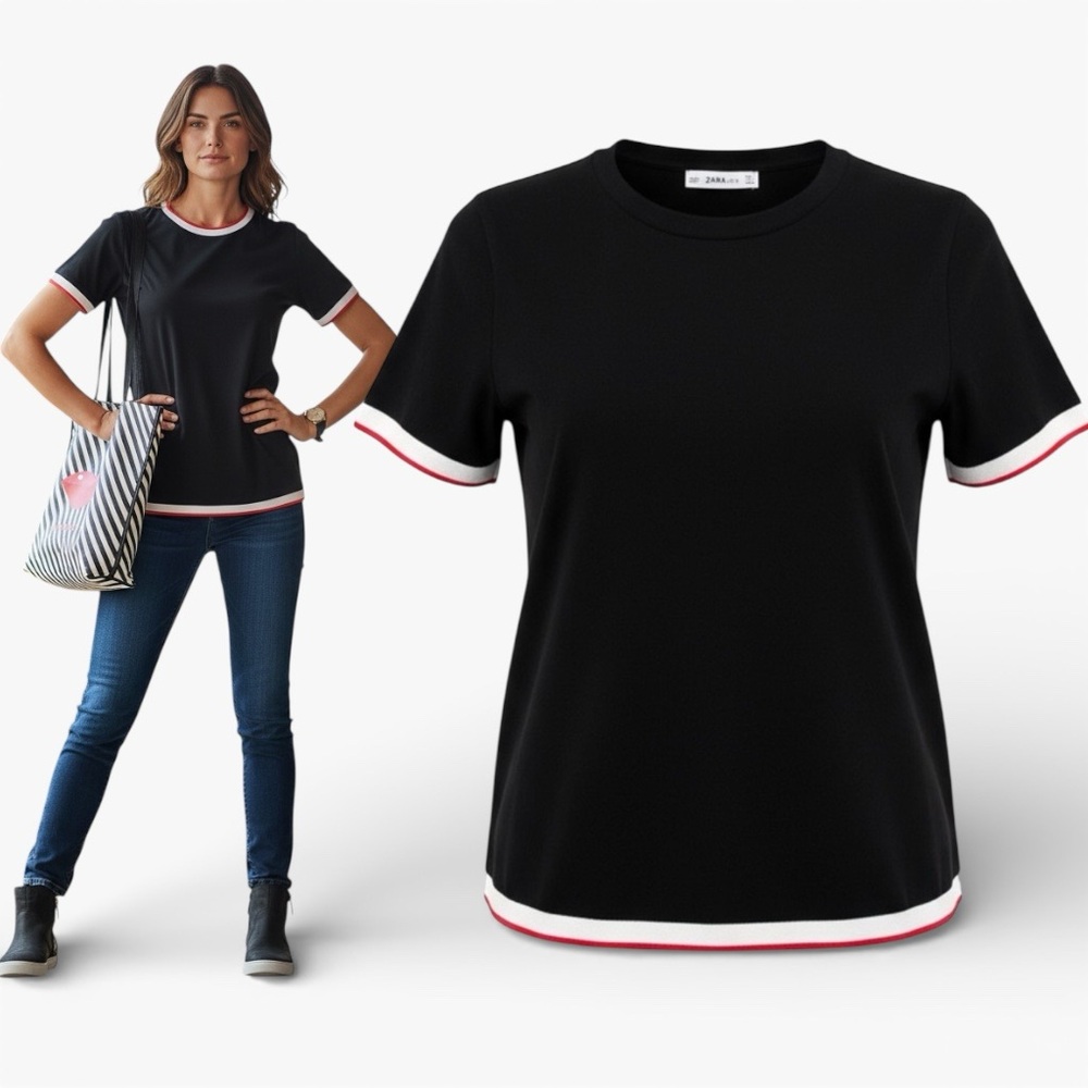 Zara Black Top with Red and White Accents